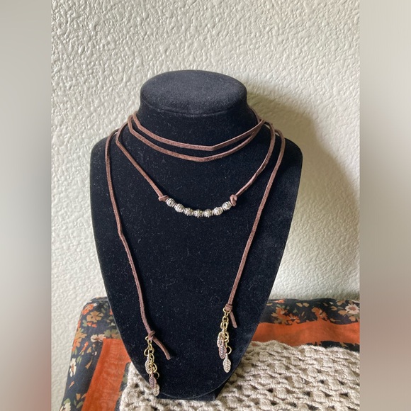 Handmade Jewelry - Boho Multi-Strand Suede Wrap Necklace with Silver Beads